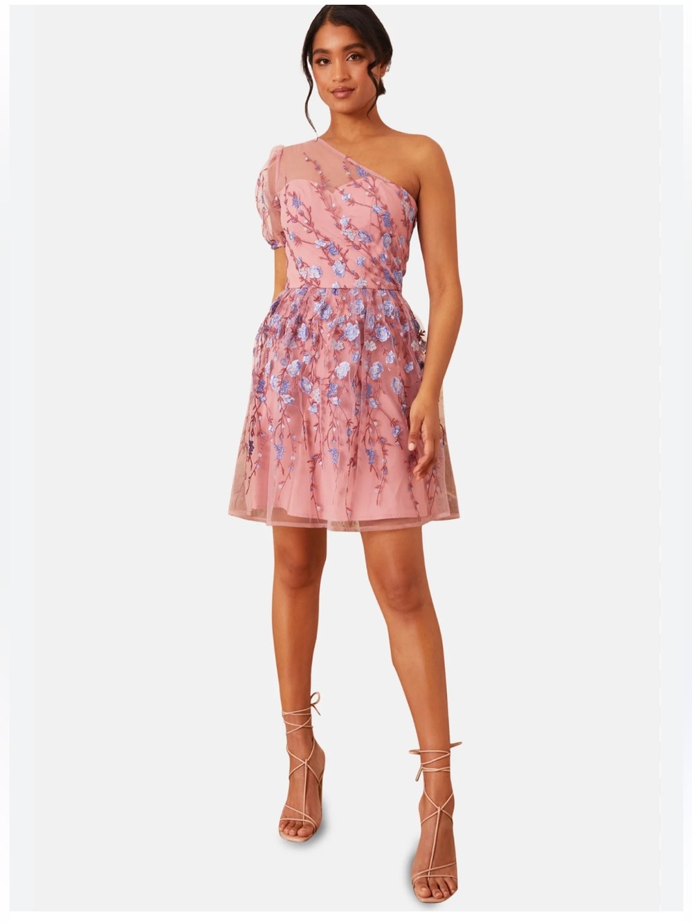 Chi Chi London Pink One-Shoulder Embroidered Mini Dress